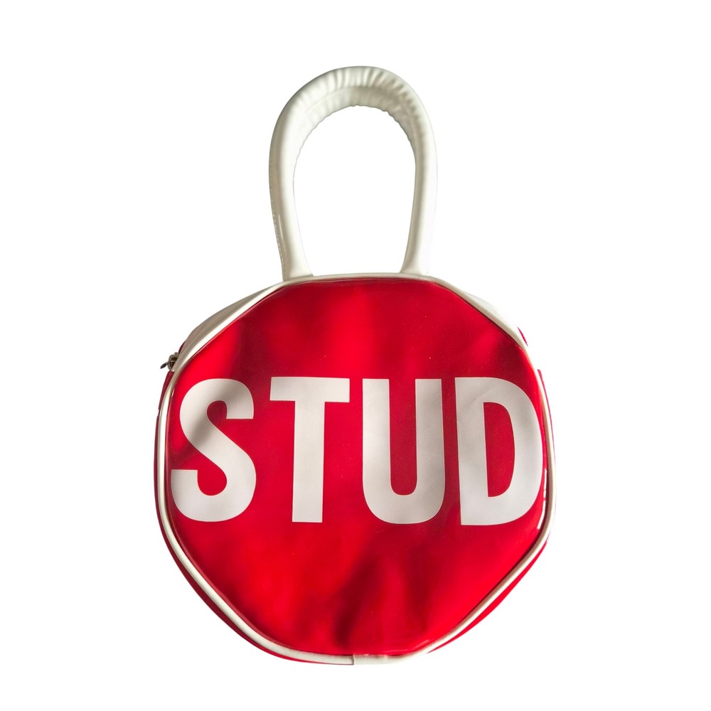 Unbranded Red White STUD Graphic Patent Vinyl Circle Handbag Top Handle Bag
